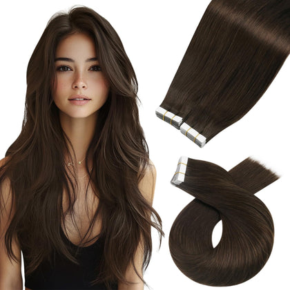 Moresoo extensions cheveux humains tape-in marron foncé 16 pouces vue de face