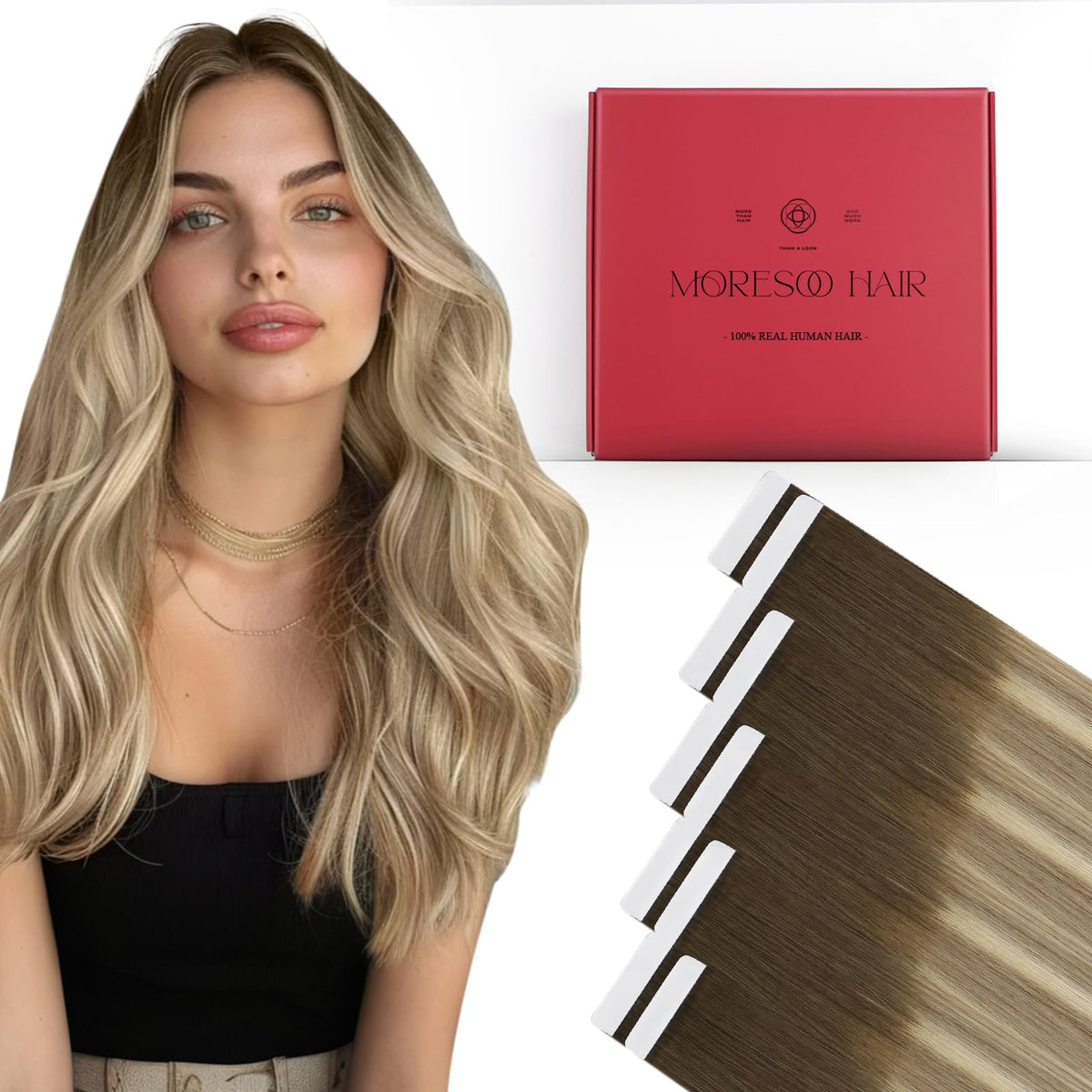 Moresoo extensions cheveux naturels bruns blonds 18 pouces, vue de face