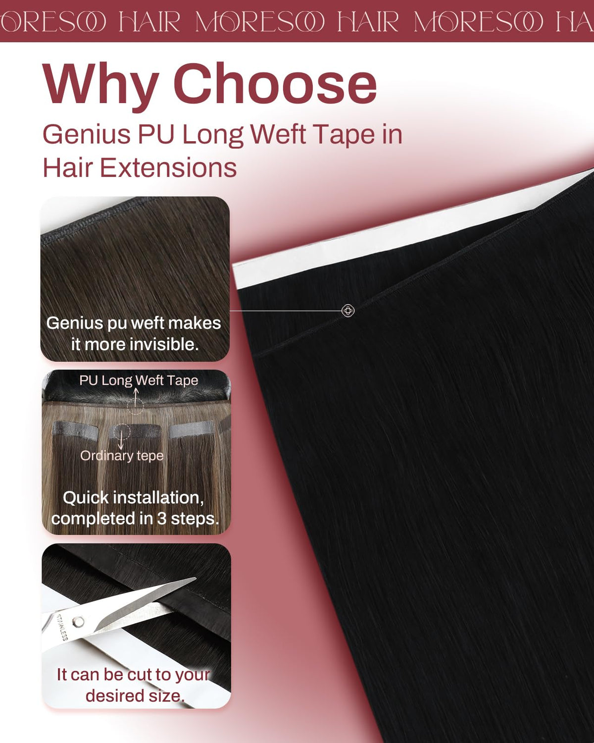 Moresoo extensions cheveux naturels noir jais 16 pouces détails du tissage