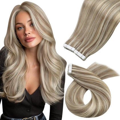 Moresoo Extensions de Cheveux Humains Beige Blond 18 pouces vue avant