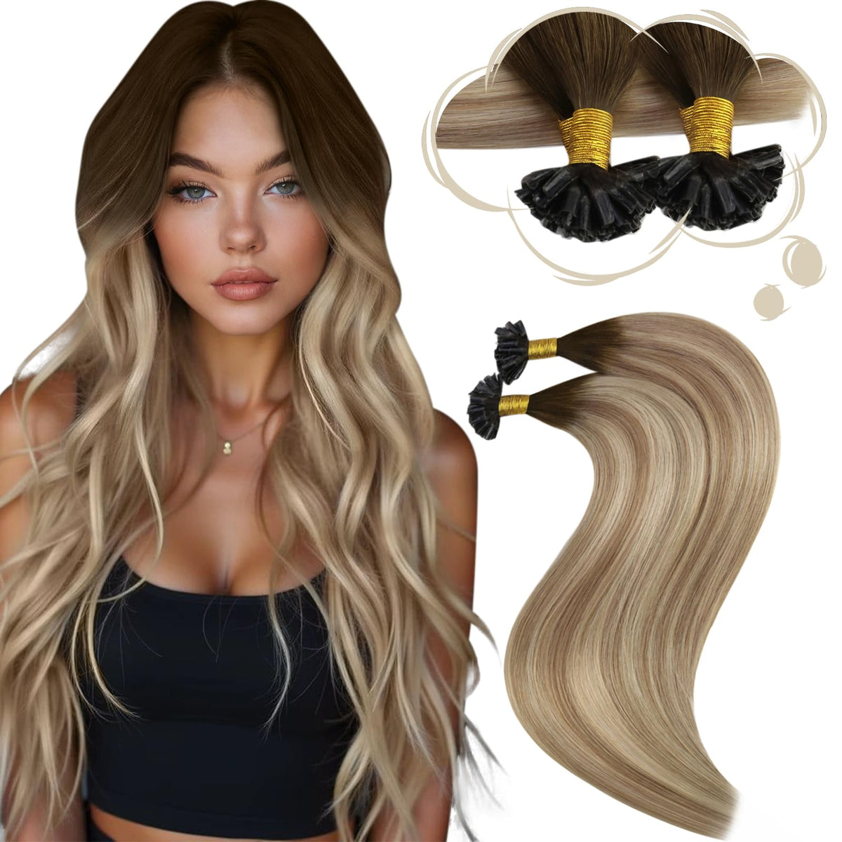 Moresoo extensions de cheveux K Tip 16 pouces balayage blond marron vue avant