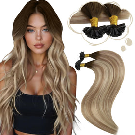 Moresoo extensions de cheveux K Tip 16 pouces balayage blond marron vue avant