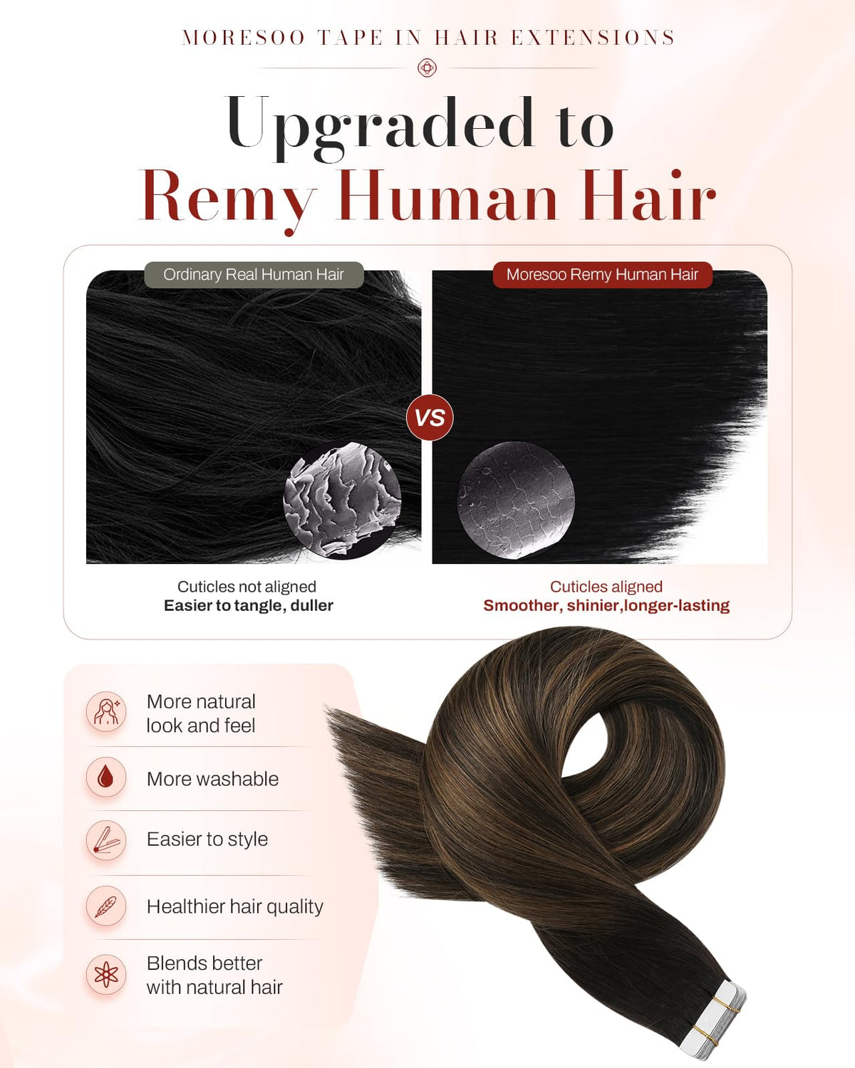 Moresoo Extensions de Cheveux Tape-in Balayage Brun 24in ensemble de 40 pièces