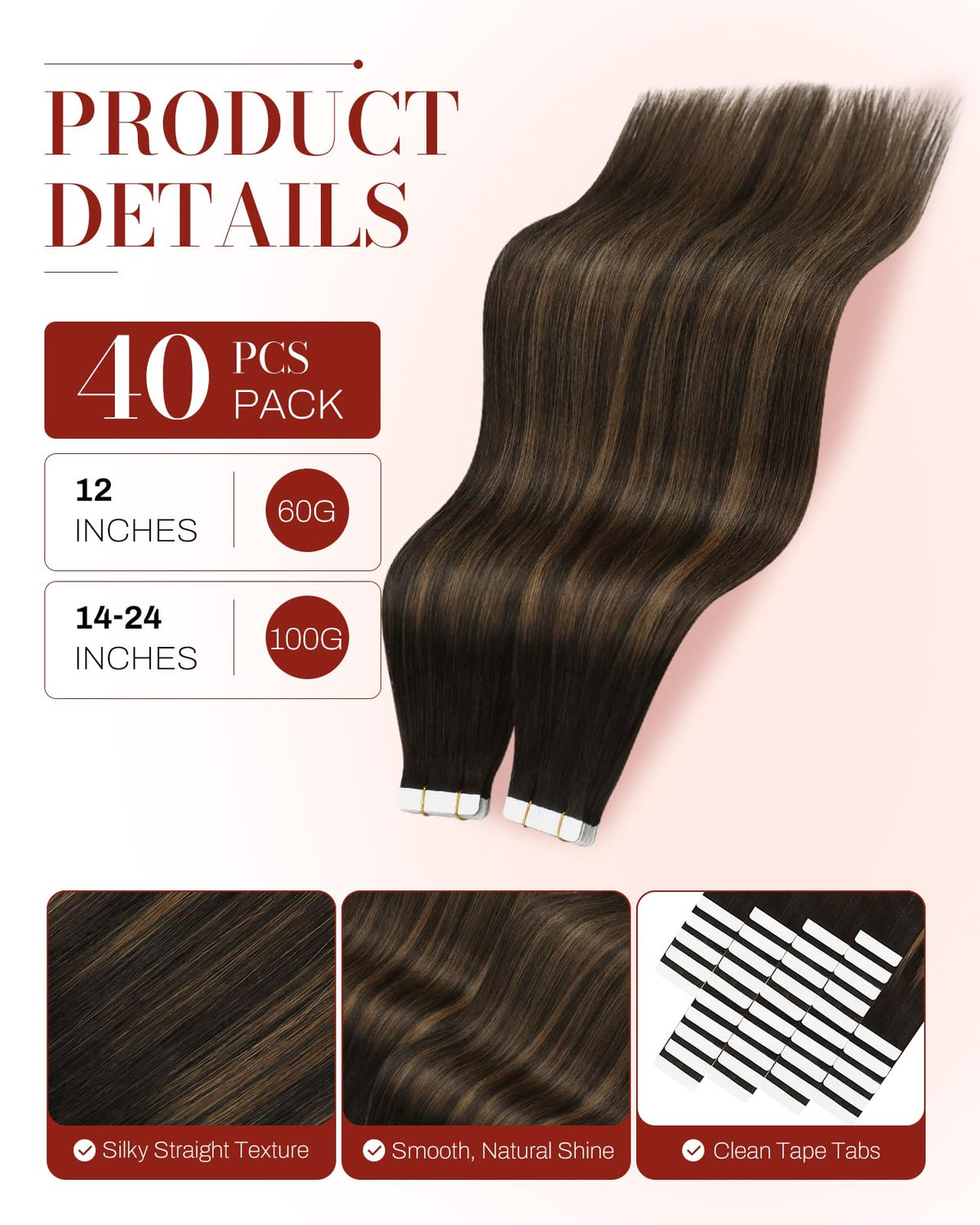 Moresoo Extensions de Cheveux Tape-in Balayage Brun 24in texture soyeuse