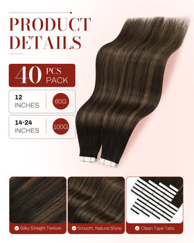 Moresoo Extensions de Cheveux Tape-in Balayage Brun 24in texture soyeuse