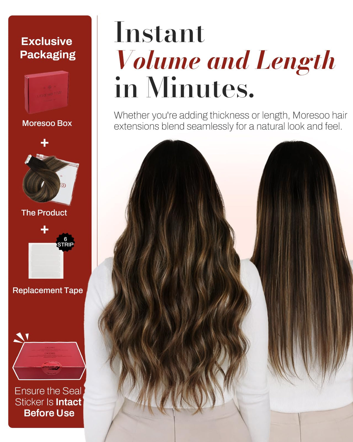 Moresoo Extensions de Cheveux Tape-in Balayage Brun 24in utilisation au quotidien