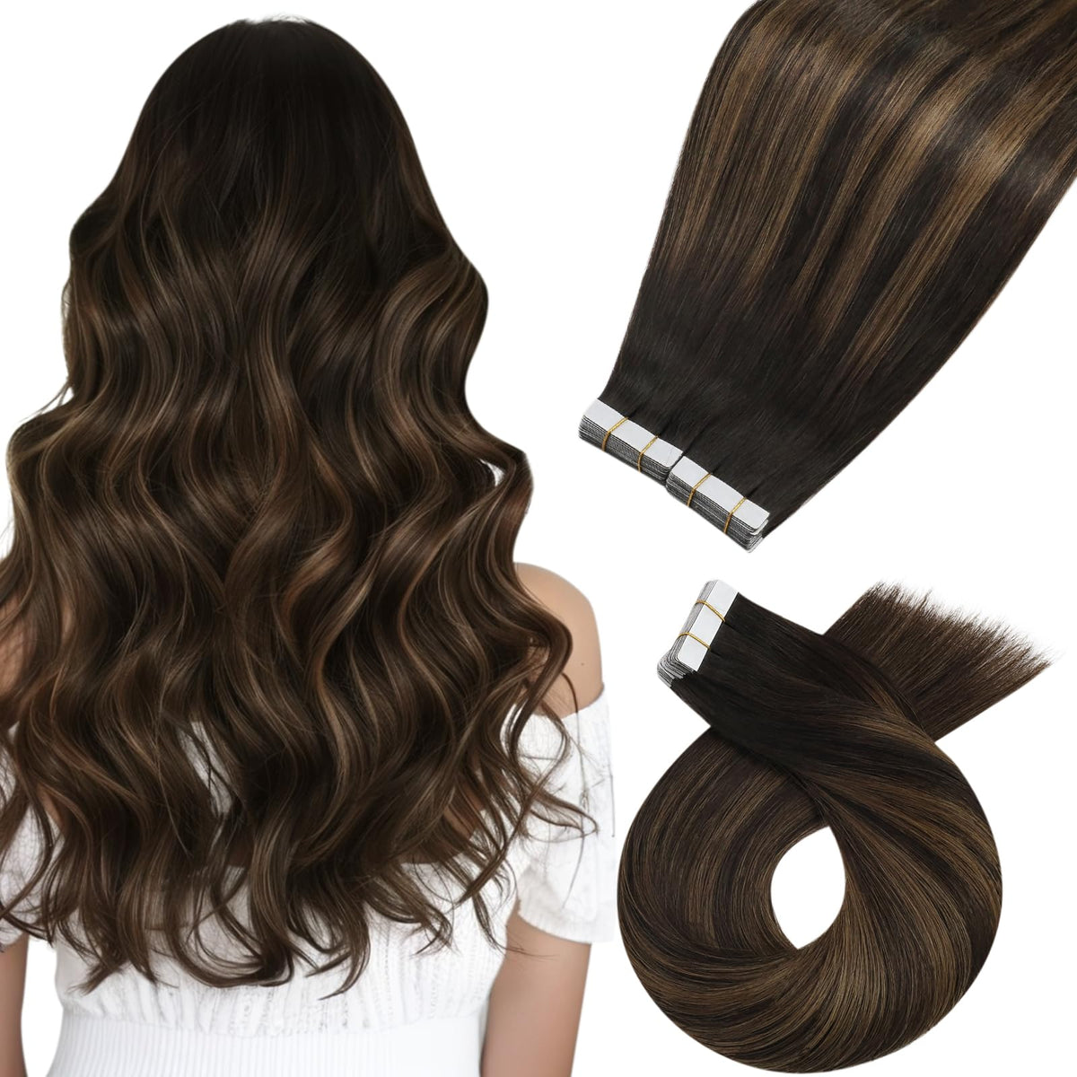 Moresoo Extensions de Cheveux Tape-in Balayage Brun 24in vue avant