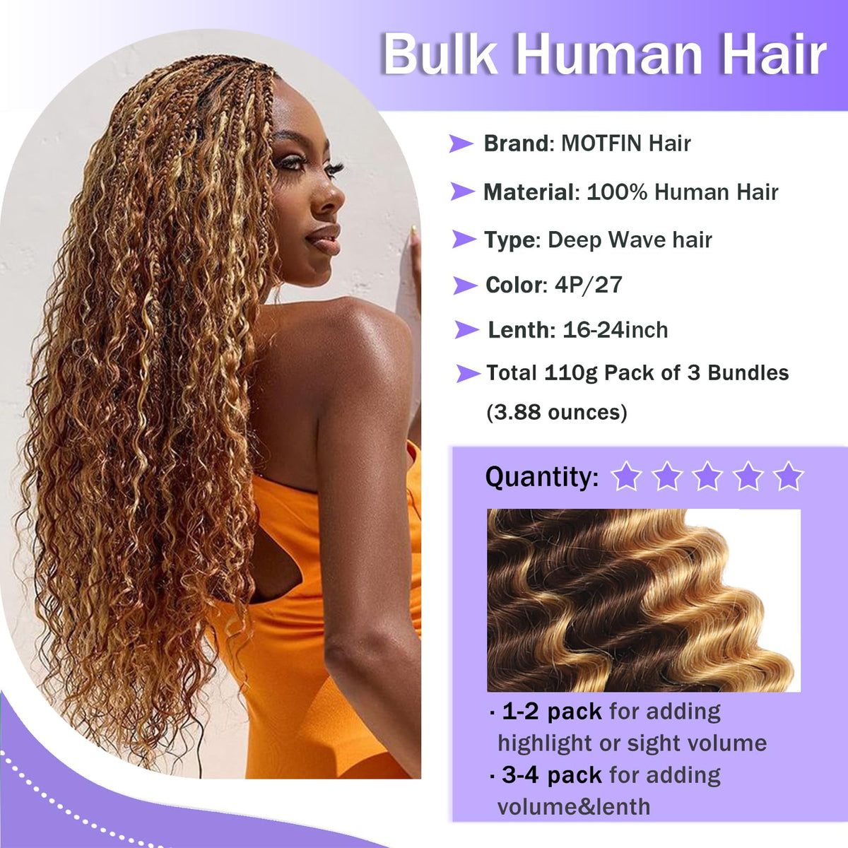 MOTFIN Cheveux Bouclés 24 Pouces, détails de la texture