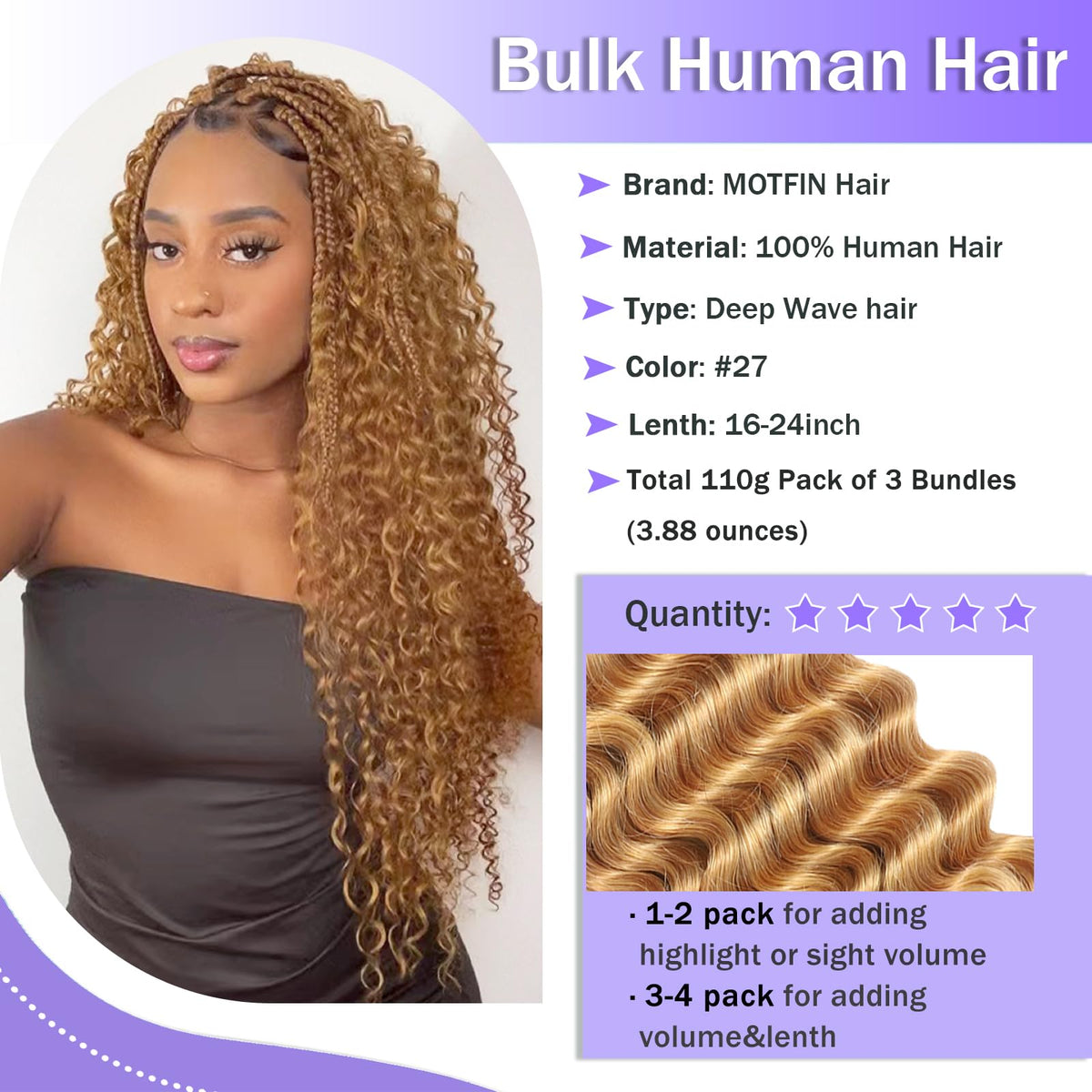 MOTFIN Cheveux Braids Humains 16 Pouces Bouclés, présentation en environnement extérieur