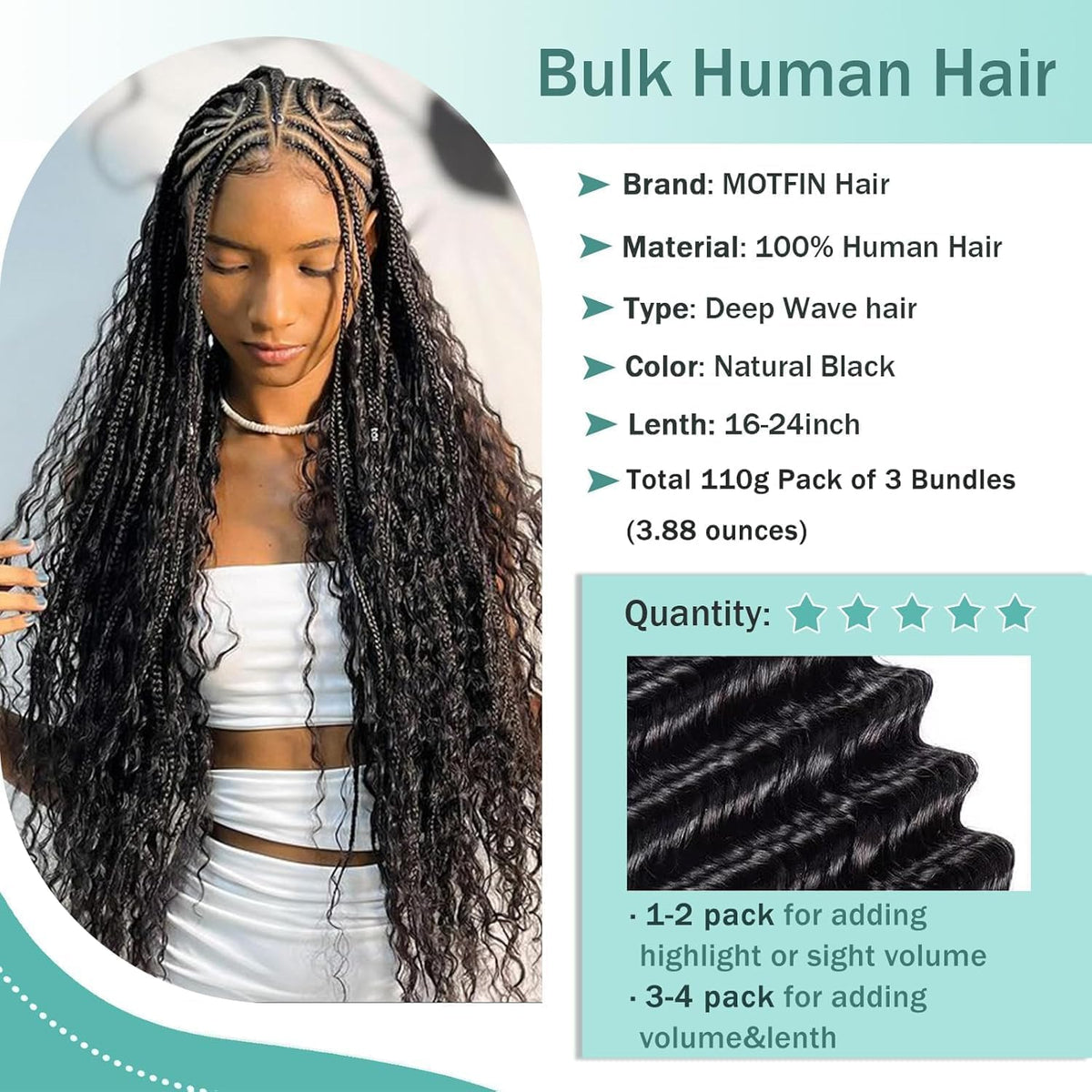 MOTFIN Cheveux Humains Bouclés 16 Pouces pour Tresses Boho