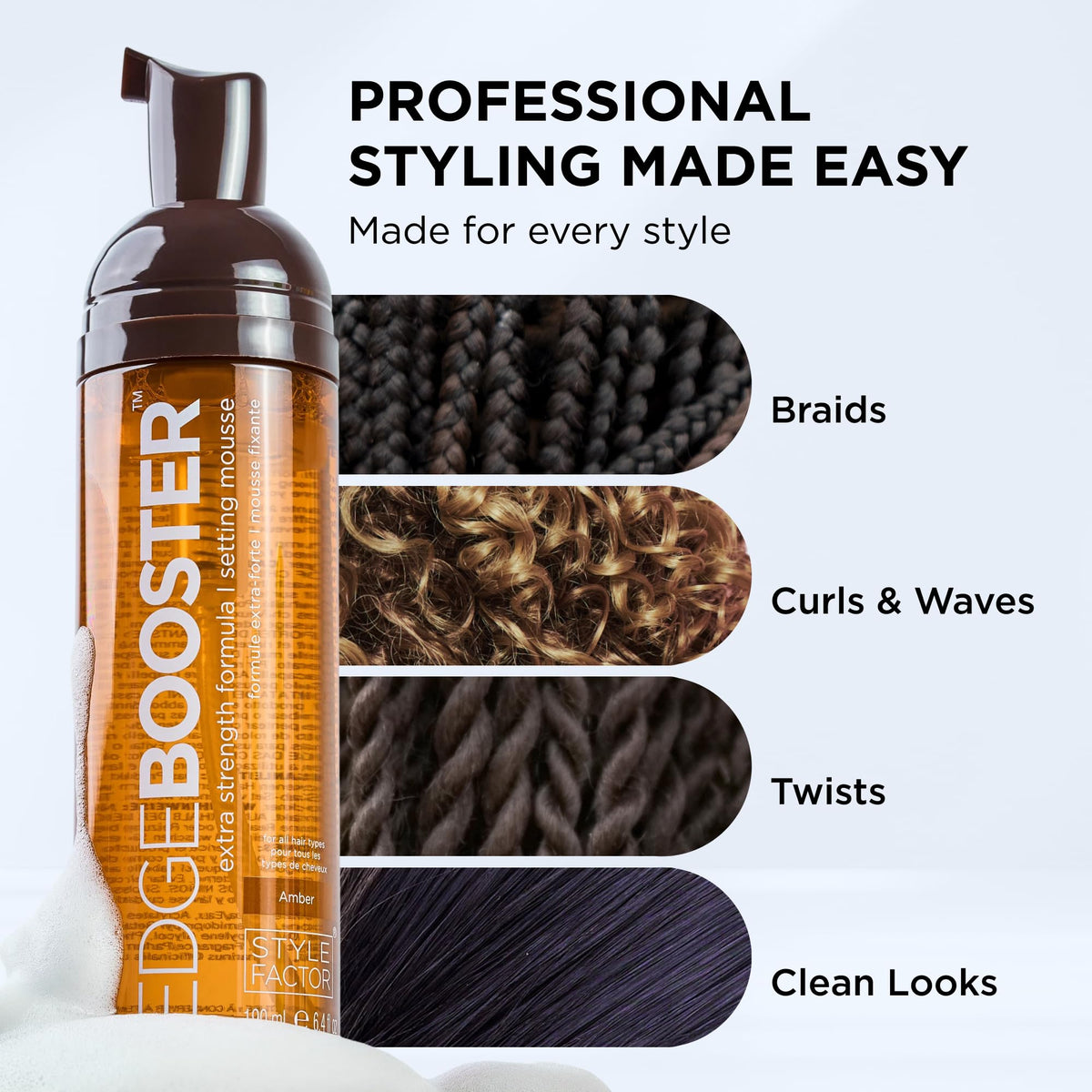 Mousse coiffante Style Factor 2,5 oz en main avec cheveux bouclés