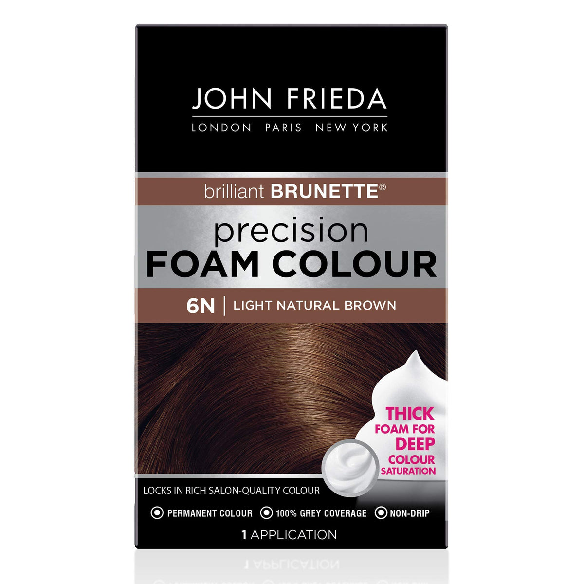 Mousse de couleur John Frieda châtain clair naturel 6N avant application