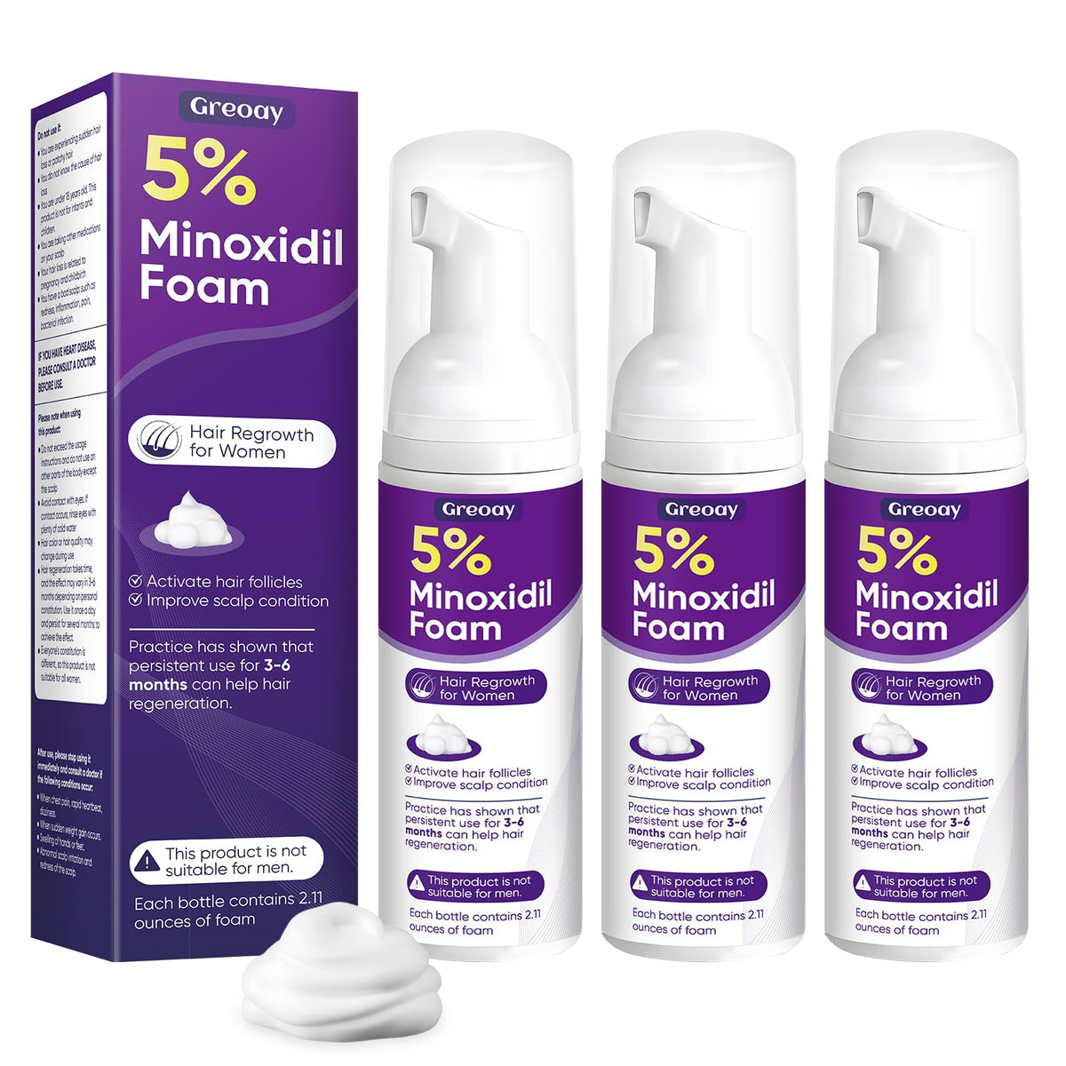 Mousse de Minoxidil 5% Greoay pour femmes, bouteille avant