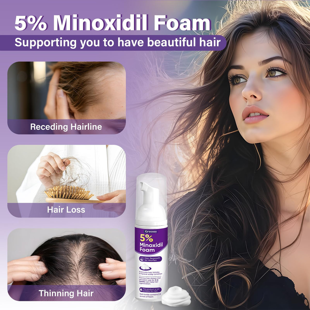 Mousse de Minoxidil 5% Greoay, produit dans une salle de bain