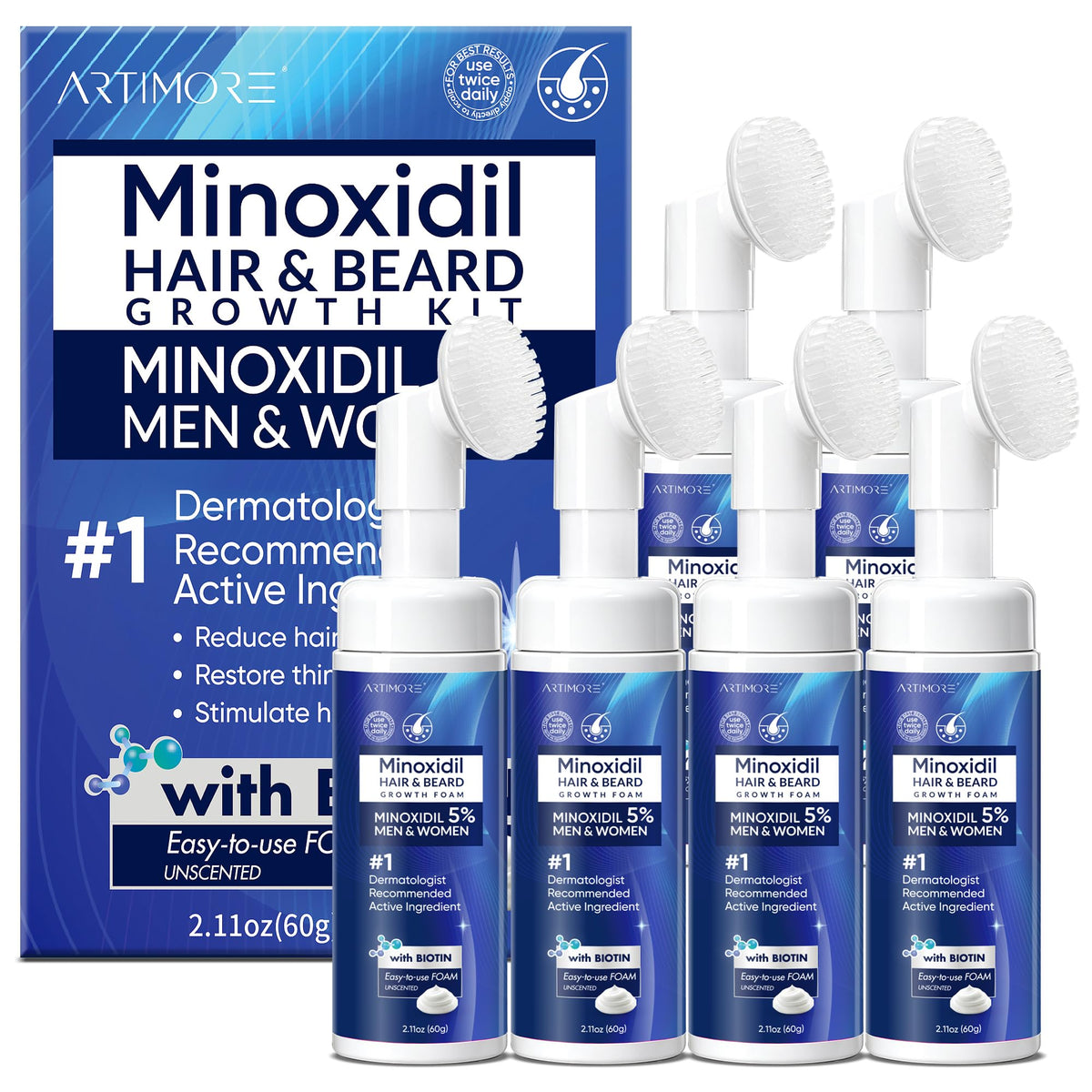 Mousse Minoxidil 5% Artimore vue avant avec flacon et applicateur