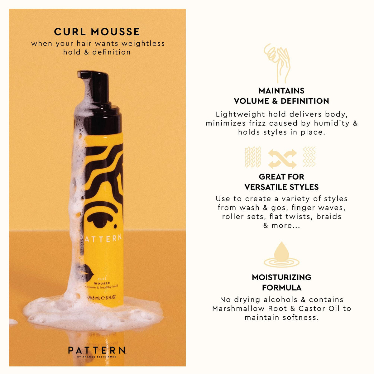 Mousse PATTERN 300g avec racine de guimauve et huile de ricin en arrière-plan