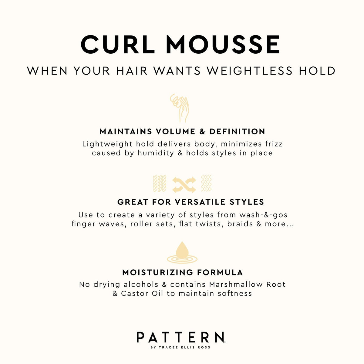 Mousse PATTERN sur une coiffeuse avec accessoires de cheveux