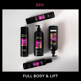 Mousse TRESemmé Volume Amplifié 300ml avec ingrédients en arrière-plan