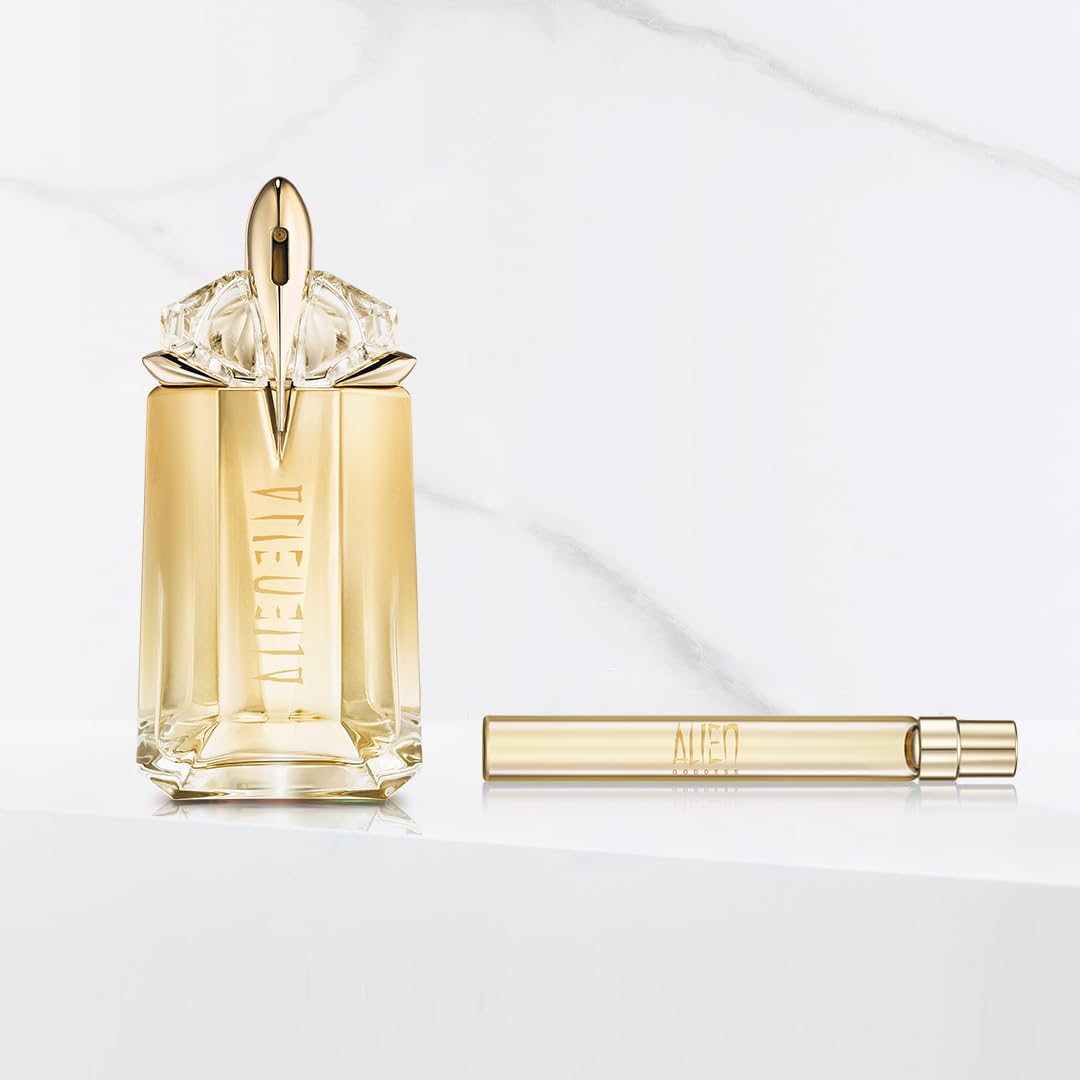 Mugler Alien Goddess Eau de Parfum flacon de côté avec lumière naturelle