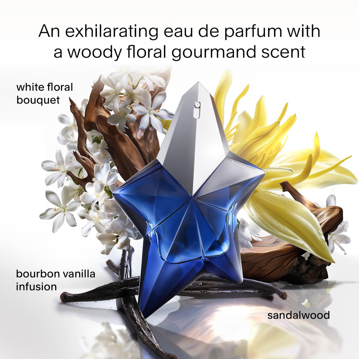 Mugler Angel Elixir parfum floral boisé avec fleurs blanches