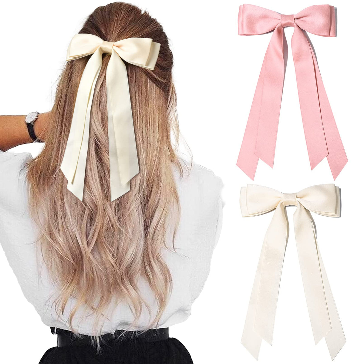 Nœud en satin beige et rose Aileam, vue de face