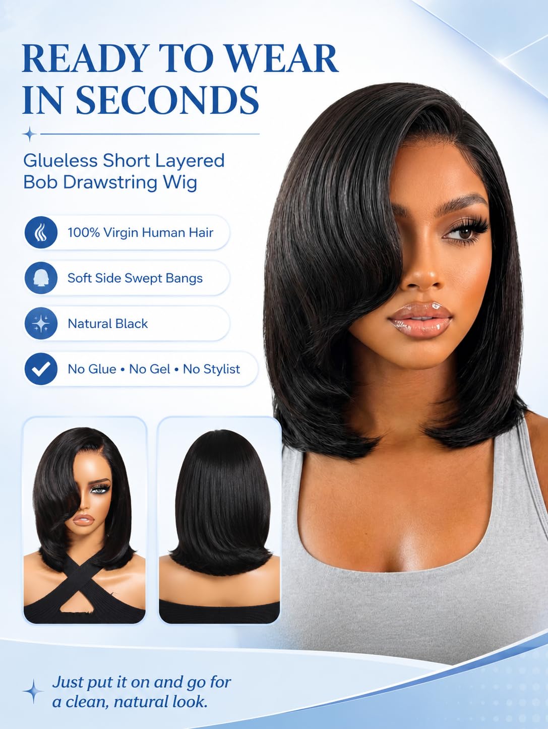 Nadula perruque bob courte côté avec texture lisse et naturelle