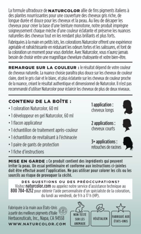 Naturcolor Teinture Capillaire Cola 4 Fl Oz côté avec instructions