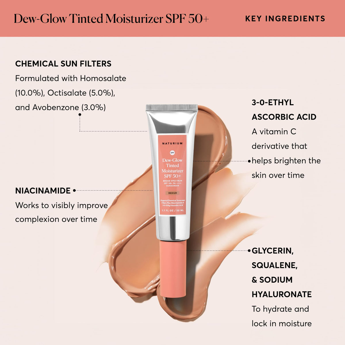 Naturium Crème Hydratante Teintée SPF 50+ Medium 80g applicateur