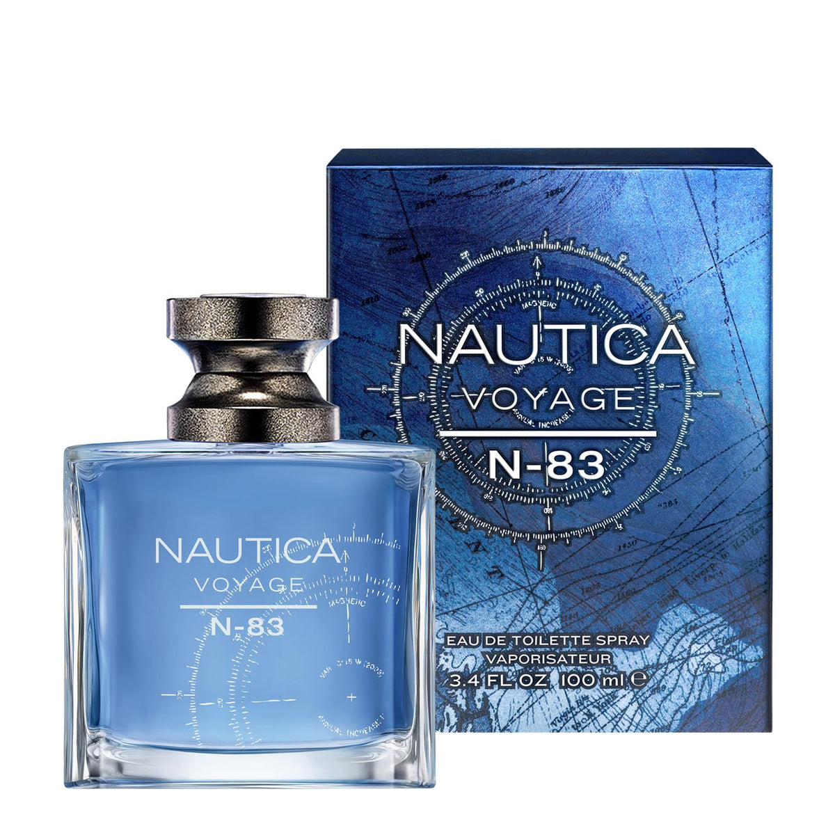 Nautica Voyage N83 Eau de Toilette 100 ml flacon de côté sur fond neutre