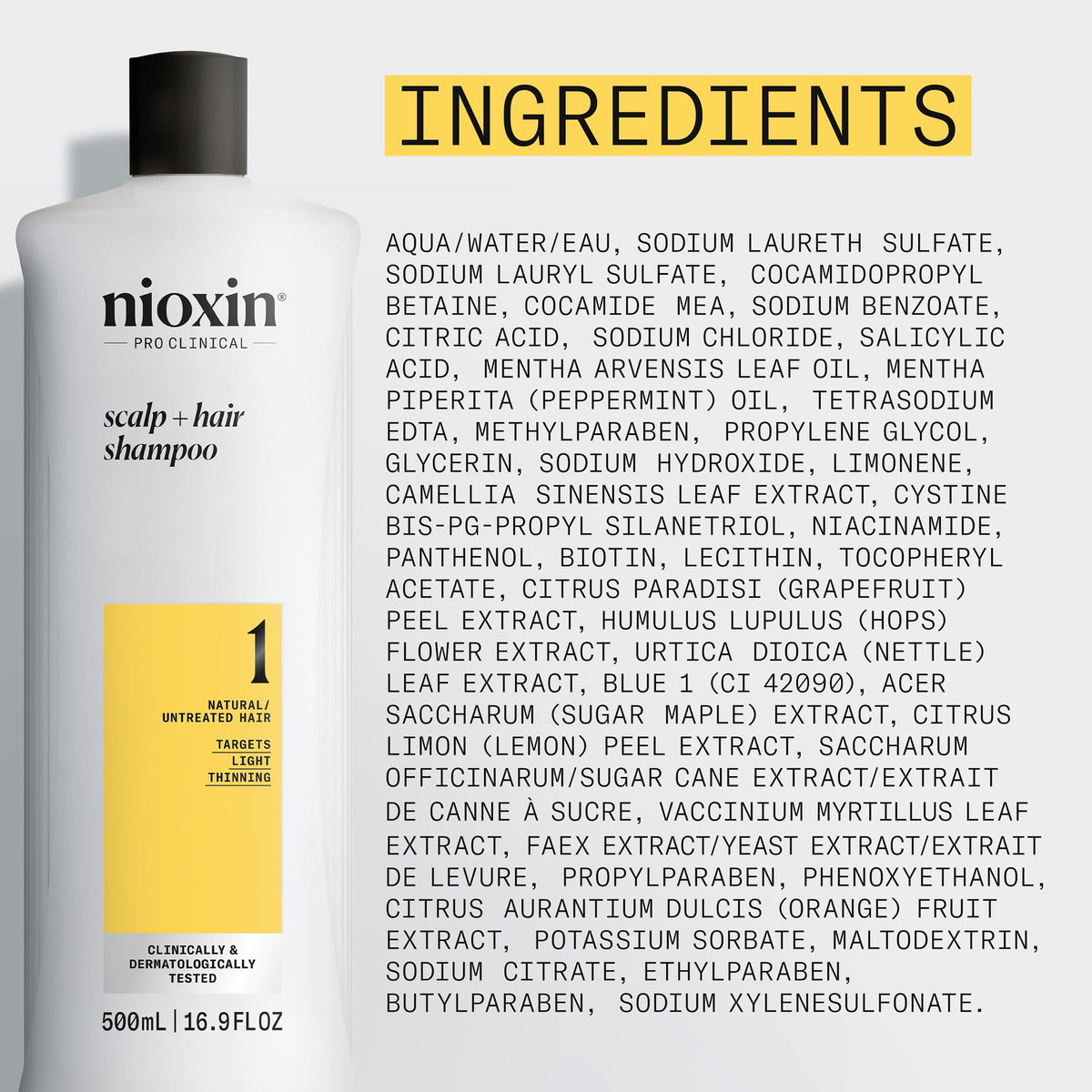 NIOXIN Shampoo Épaississant Système 1 500ml sur une étagère de salle de bain