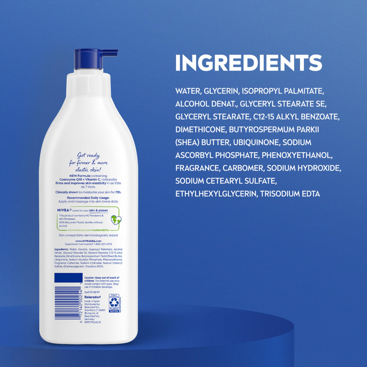 NIVEA Lotion Hydratante Raffermissante Q10 composition sur l'étiquette