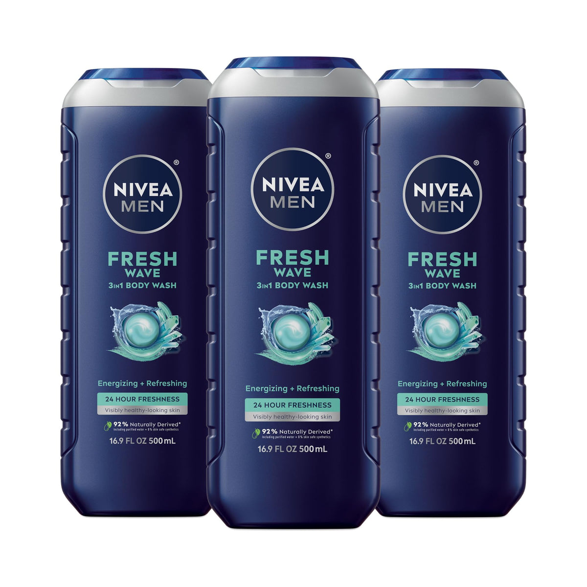 NIVEA MEN Gel Douche 3-en-1 Fresh Wave, pack de 3 bouteilles de 500 ml