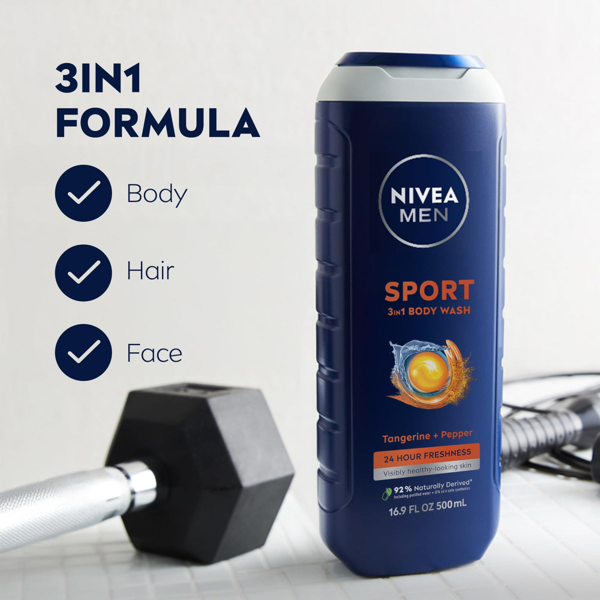 NIVEA MEN Sport Gel Douche 3-en-1, 500 ml bouteille avec étiquette