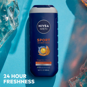 NIVEA MEN Sport Gel Douche 3-en-1, 500 ml en situation dans une salle de bain