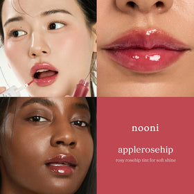 NOONI Huile à Lèvres Applerosehip en usage sur des lèvres