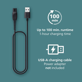 Norelco Body Groomer 5000 sur une table avec son câble de charge USB