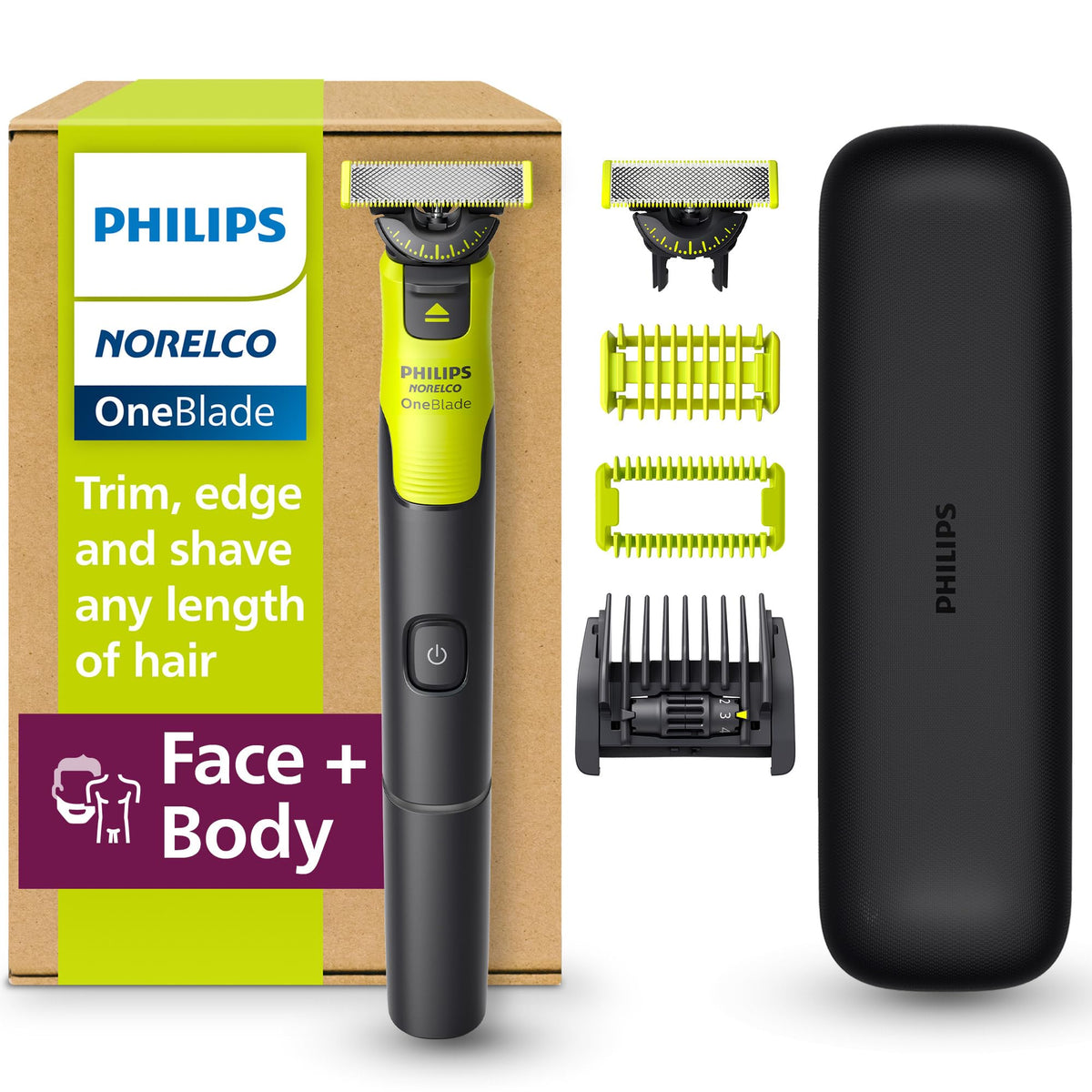 Norelco OneBlade 360 vue de face avec accessoires inclus