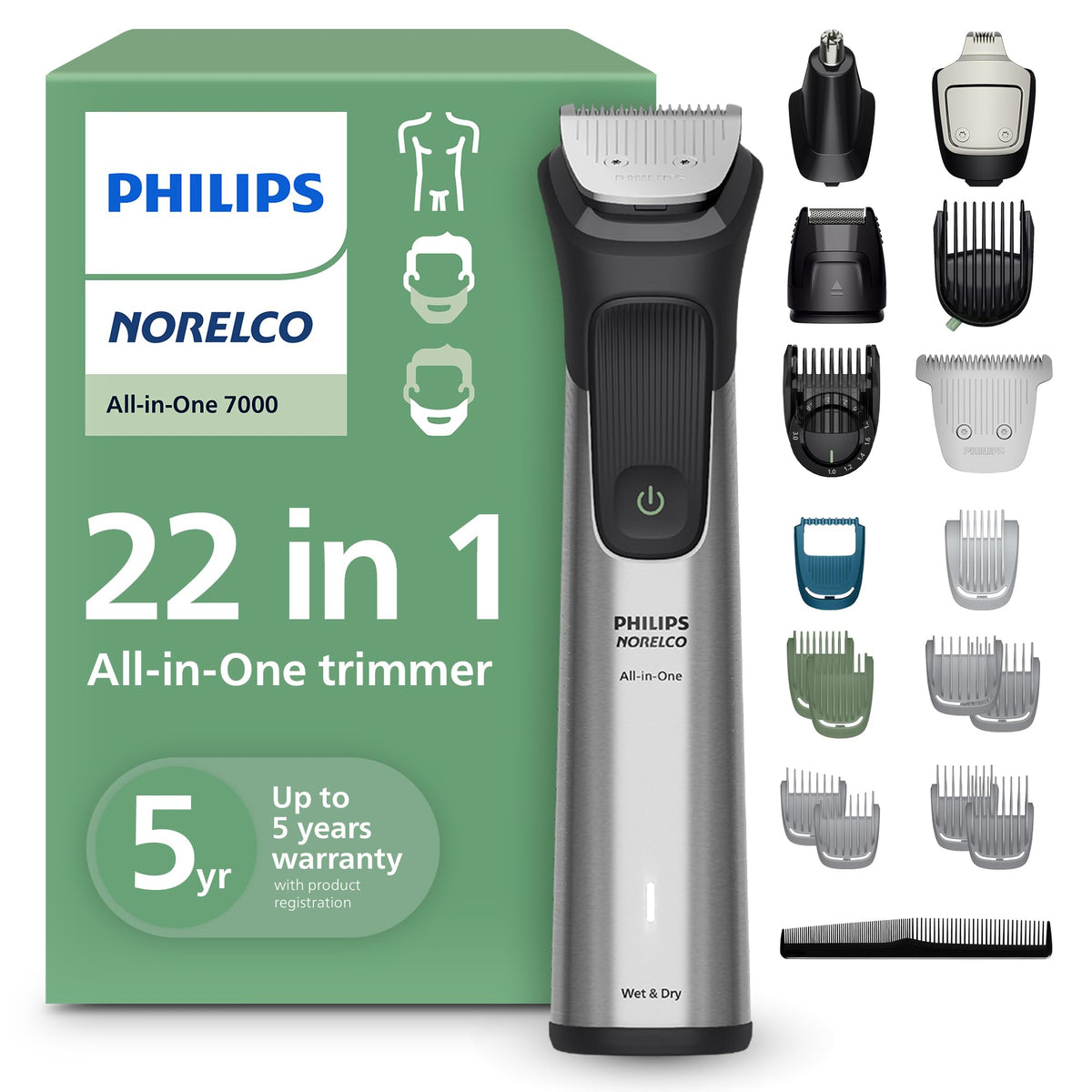 Norelco Tondeuse 22-en-1 vue de face avec accessoires