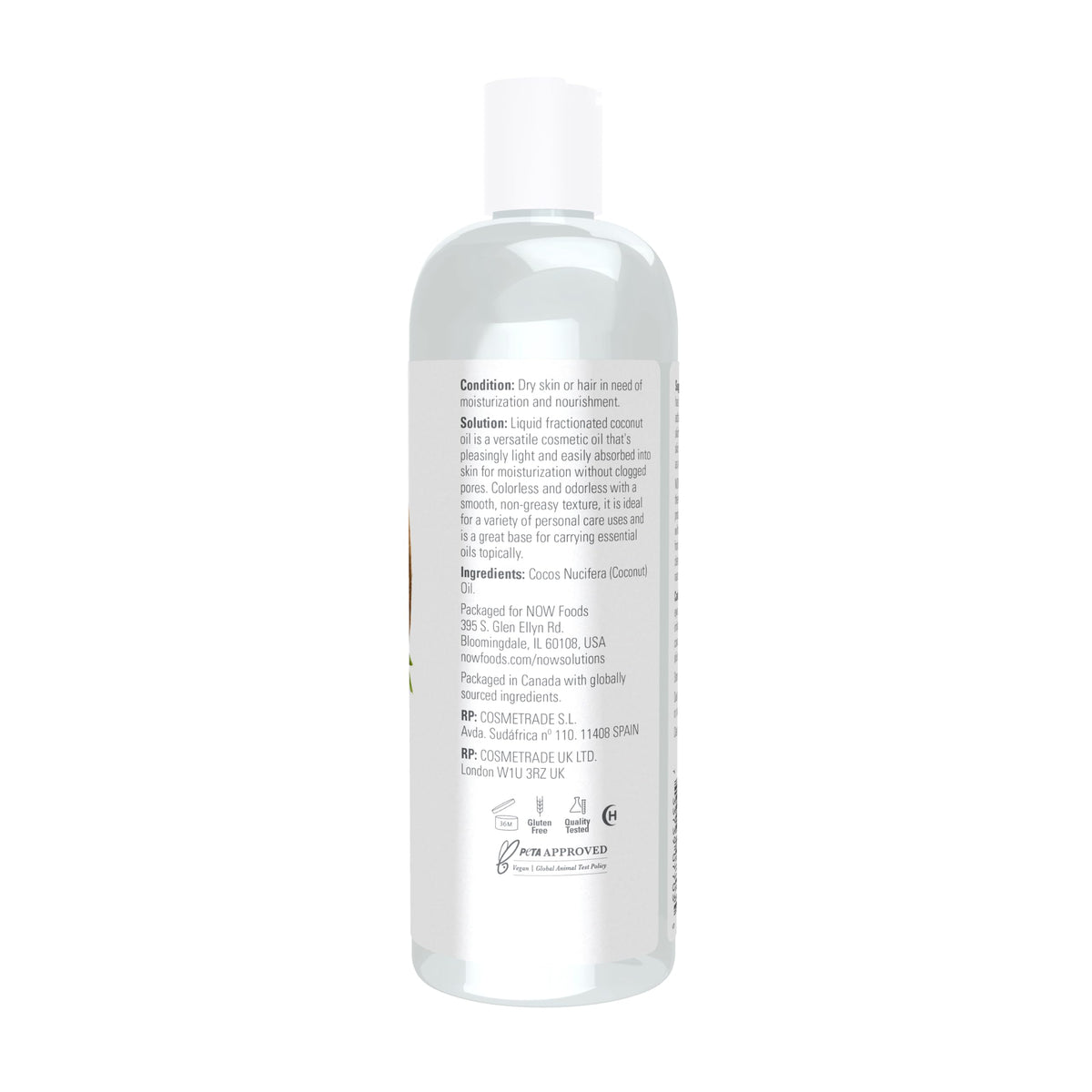 NOW Foods Huile de Coco Liquide 481g étiquette et bouchon