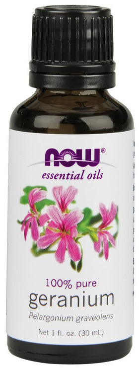NOW Foods Huile de Géranium Pure 100% 91g vue avant avec étiquette