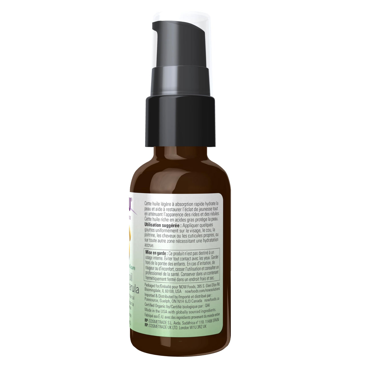 NOW Foods Huile de Marula Bio 30 ml avec bouchon ouvert