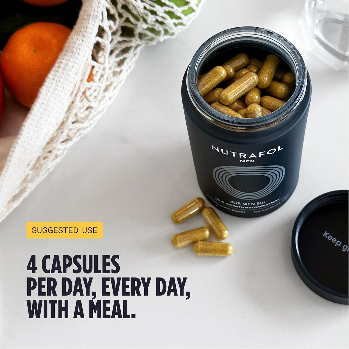 Nutrafol Compléments Capillaires 50+ pour Hommes, emballage et informations de produit