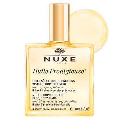 Nuxe Huile Prodigieuse 100 ml vue avant avec texture huileuse