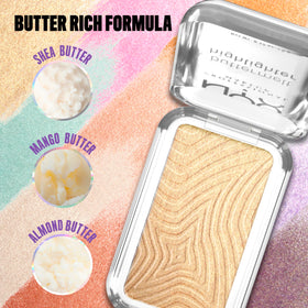 NYX Buttermelt Highlighter 55g avec divers produits de maquillage