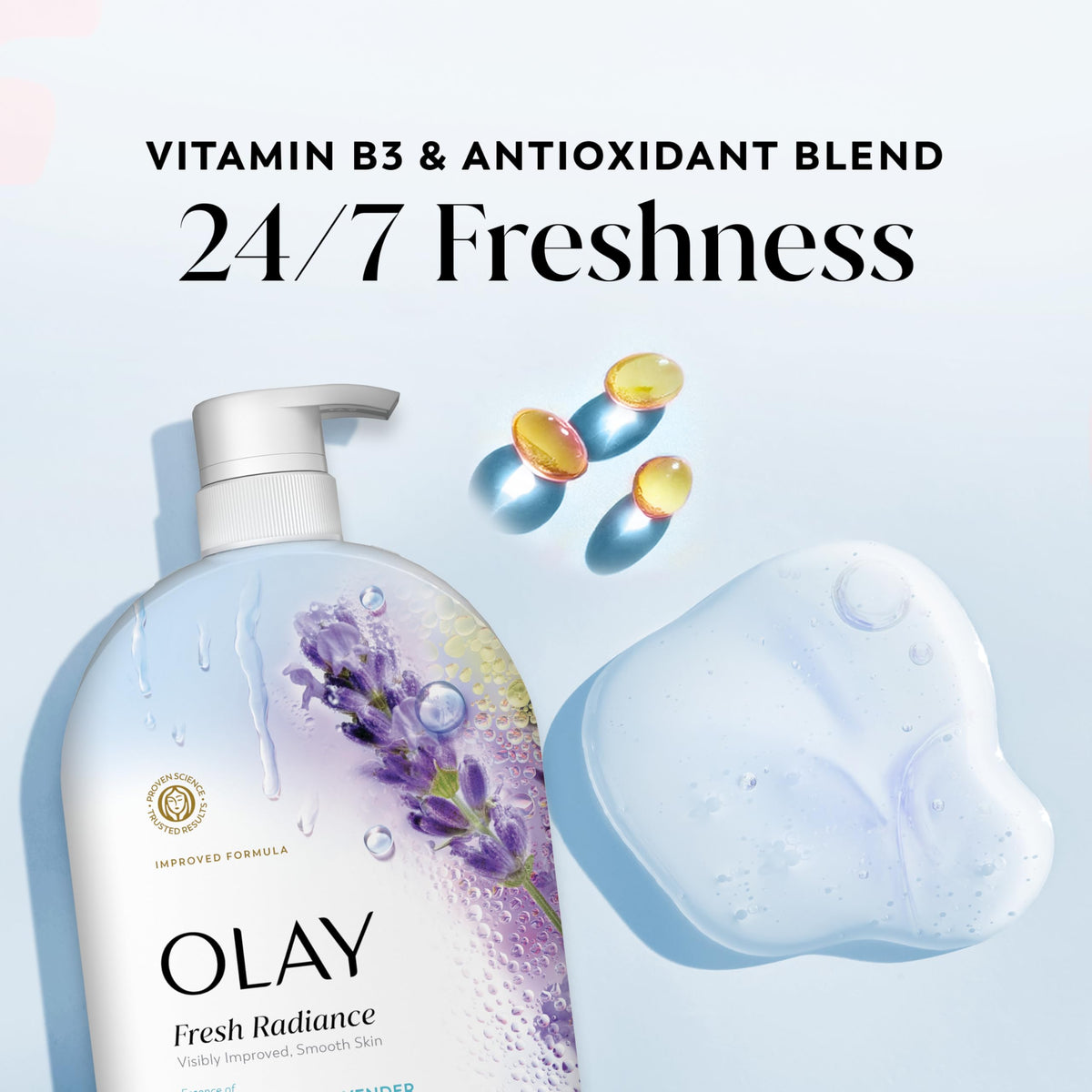 Olay Gel Douche Fresh Radiance 1 L en situation dans une salle de bain