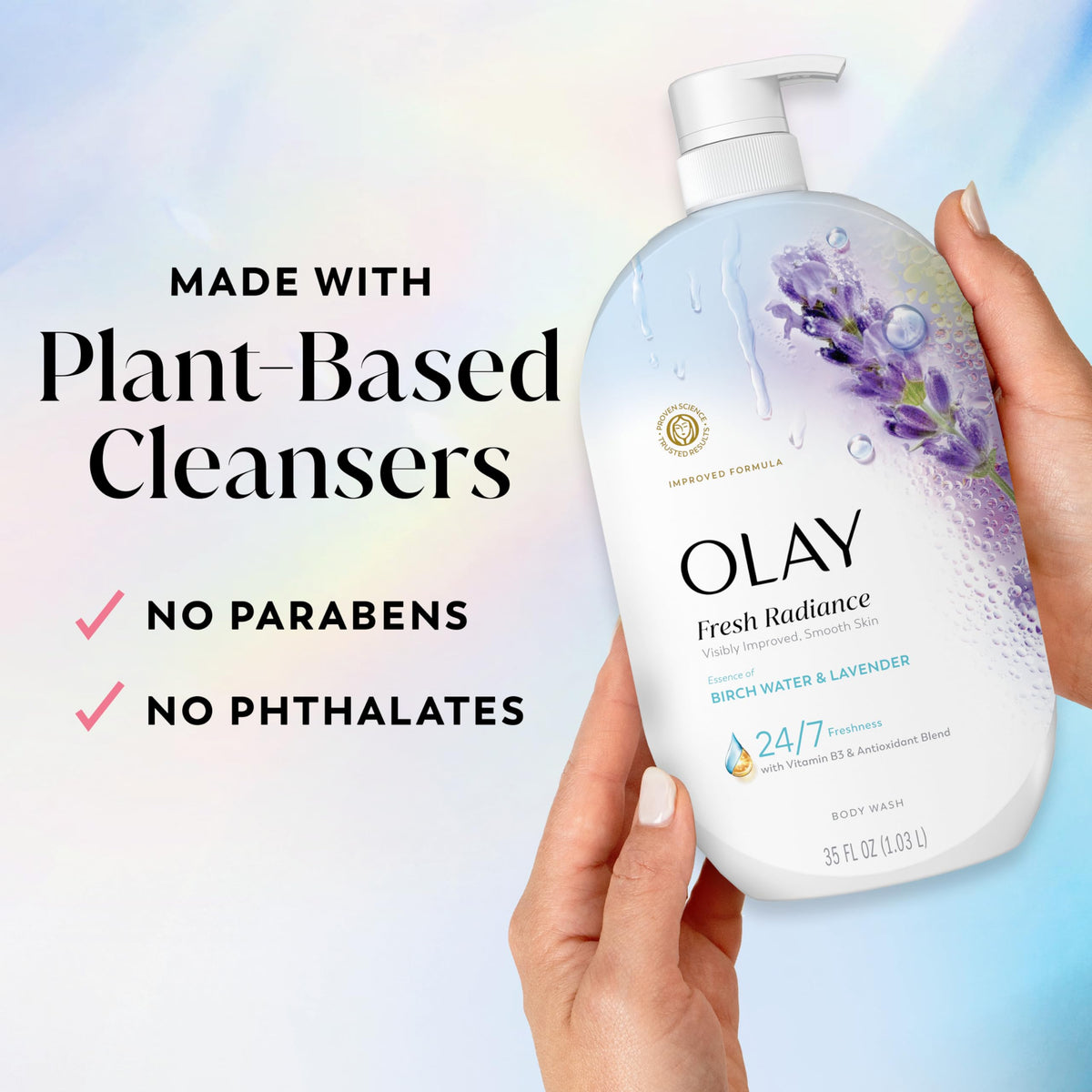 Olay Gel Douche Fresh Radiance 1 L sur une surface en marbre