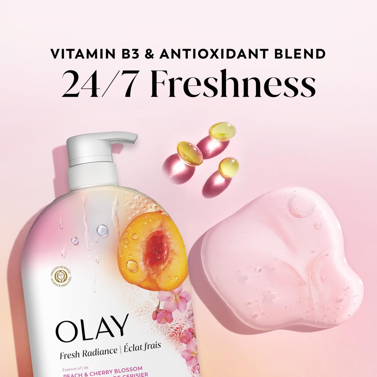 Olay Gel Douche Fresh Radiance 1L dans une salle de bain