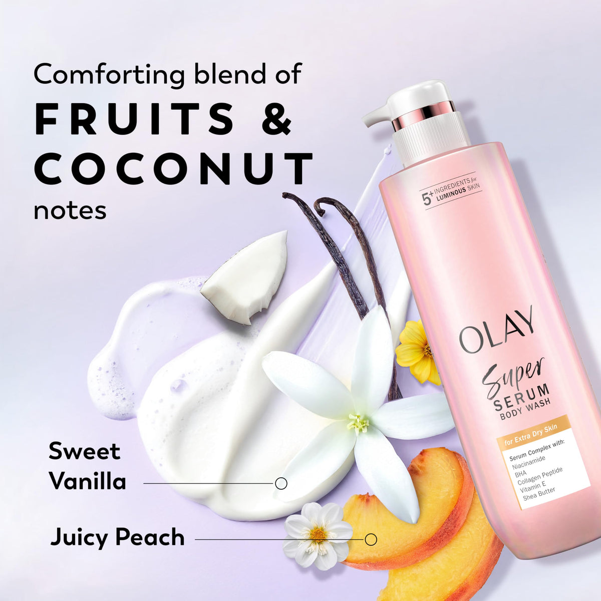 Olay Gel Douche Super Serum 20 fl oz en situation sur un comptoir de salle de bain