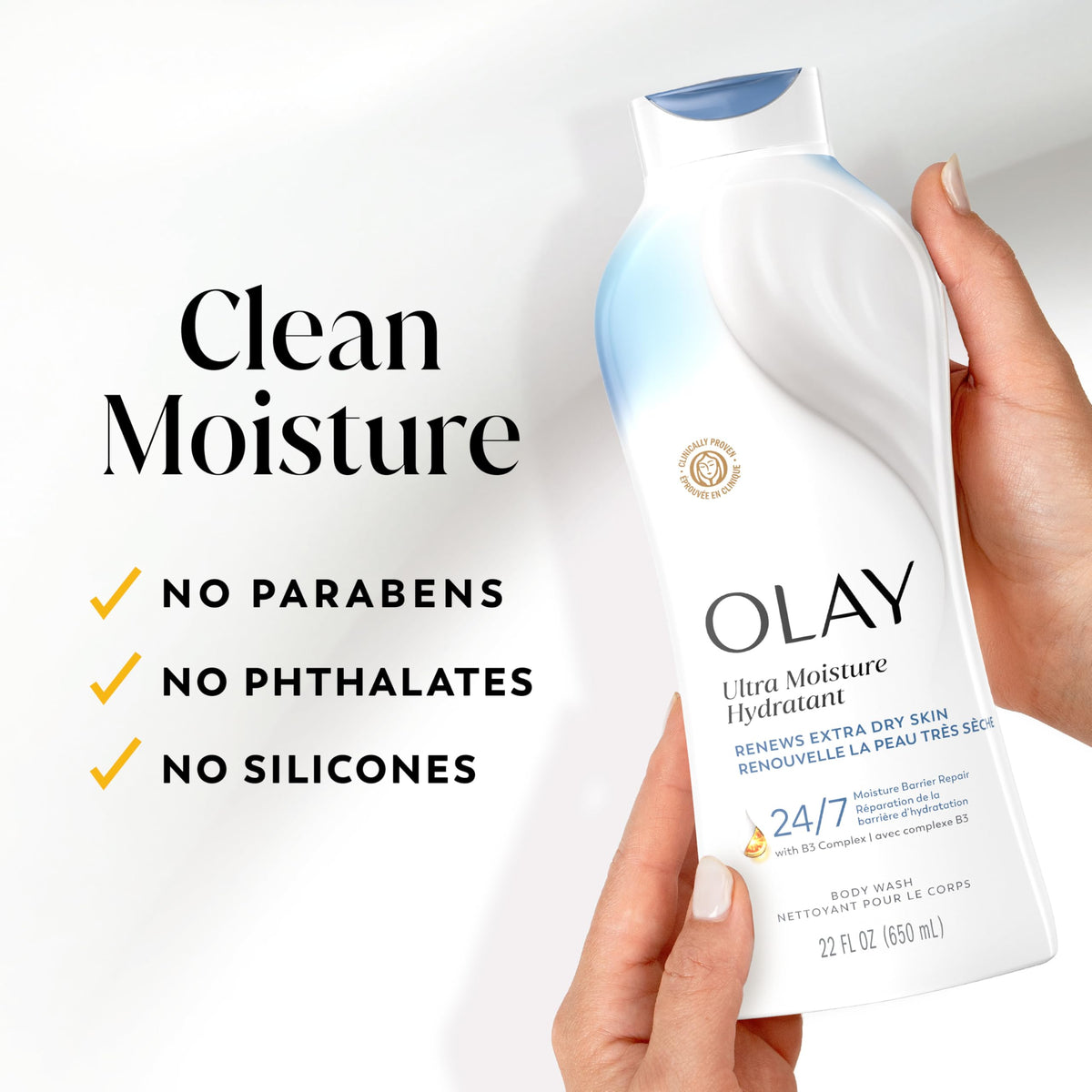 Olay gel douche ultra hydratant mousse en main
