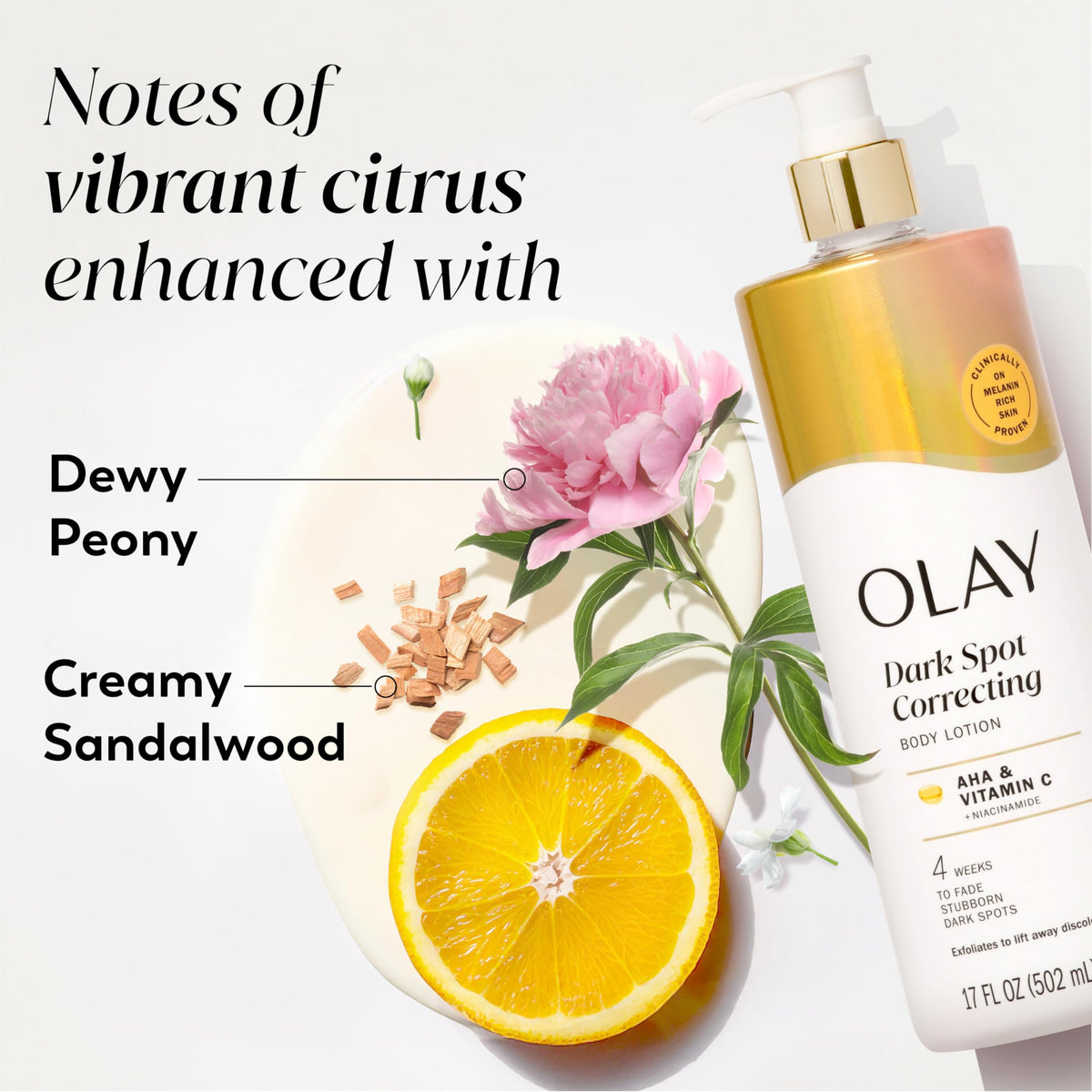 Olay lotion avec ingrédients clés sur fond blanc